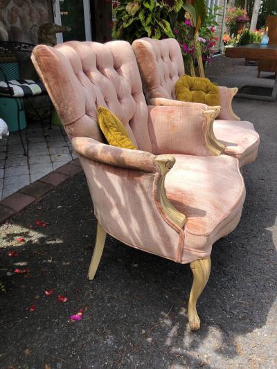 Lovely Pair Tufted French Provincial Style Upholstered Arm Chairs Hollywood