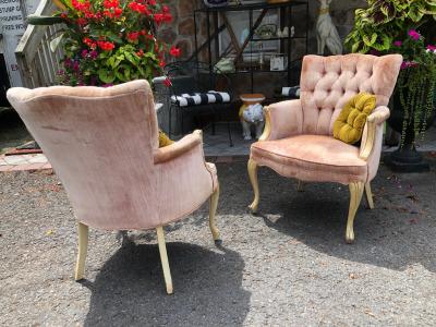 Lovely Pair Tufted French Provincial Style Upholstered Arm Chairs Hollywood