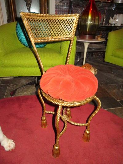 Lovely Petite Gilded Gold Rope Tassel Vanity Chair Stool Hollywood Regency