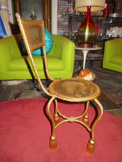 Lovely Petite Gilded Gold Rope Tassel Vanity Chair Stool Hollywood Regency