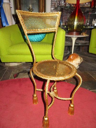 Lovely Petite Gilded Gold Rope Tassel Vanity Chair Stool Hollywood Regency