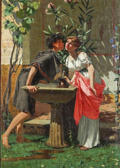 Lovers by a Fountain Painting Oil on Canvas