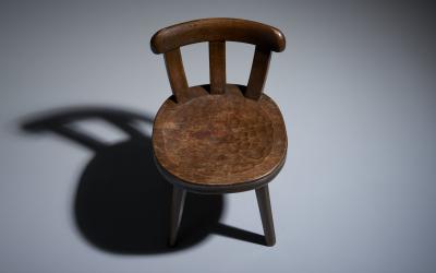 Low Antique Farmers Chair with Carved Seat in Oak France 1900