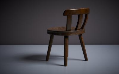 Low Antique Farmers Chair with Carved Seat in Oak France 1900