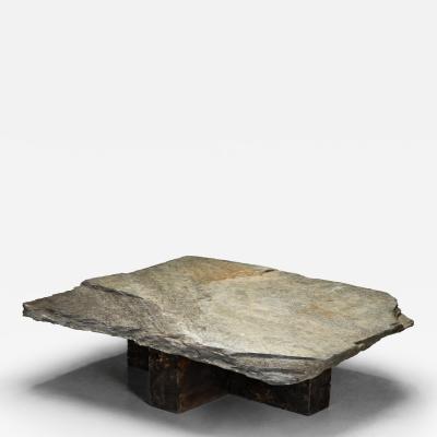 Low Brutalist Coffee Table with Slate Tabletop Spain 1970s
