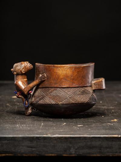 Luba Shankadi wooden recipient with figurative handle with glassbeads