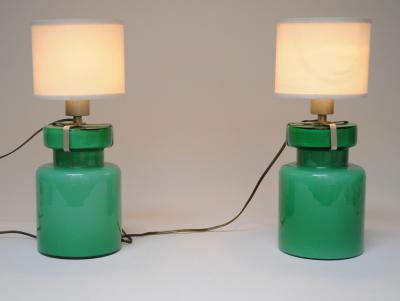 Luciano Vistosi Pair of Mid Century Green Blown Cased Glass Table Lamps after Luciano Vistosi