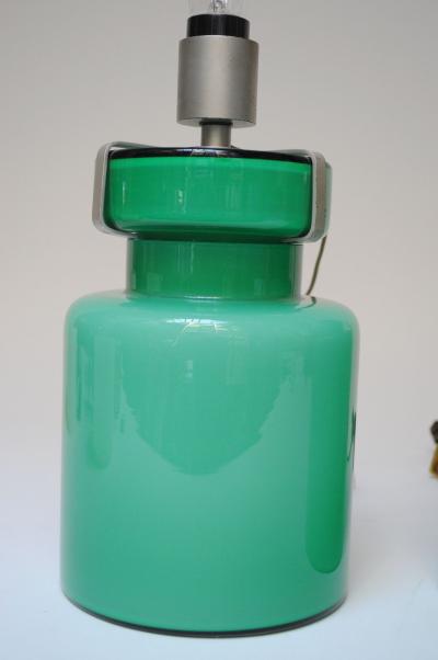 Luciano Vistosi Pair of Mid Century Green Blown Cased Glass Table Lamps after Luciano Vistosi