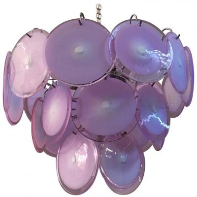 Luciano Vistosi Pink Murano Glass Disc Chandelier Italy 1970s