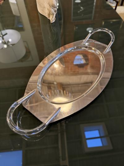 Lucite and Polished Aluminum Oval Tray with Sculptural Handles 1970s