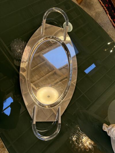 Lucite and Polished Aluminum Oval Tray with Sculptural Handles 1970s