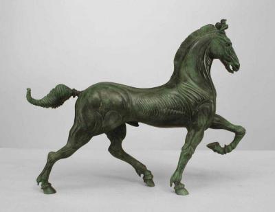 Ludovico De Luigi Pair of Green Patinated Bronze Horses