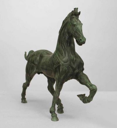 Ludovico De Luigi Pair of Green Patinated Bronze Horses