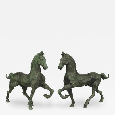 Ludovico De Luigi Pair of Green Patinated Bronze Horses