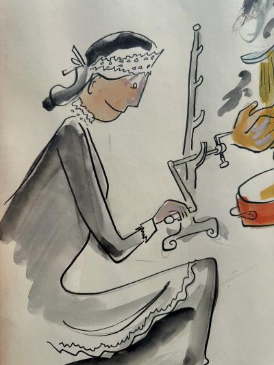 Ludwig Bemelmans Chef Basting Chicken with Madeline Watching