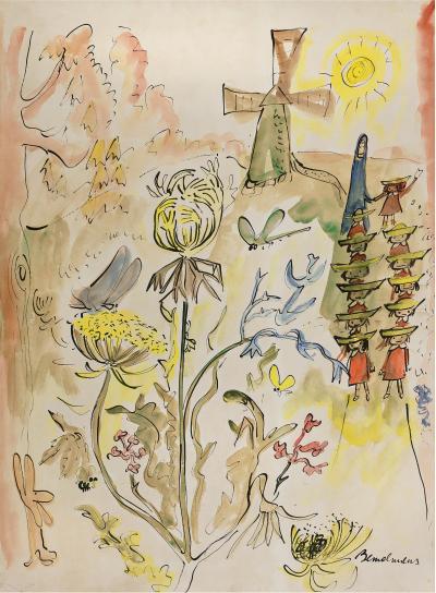 Ludwig Bemelmans Madeline in a Garden with Windmill Original Art twelve little girls