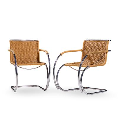 Ludwig Mies Van Der Rohe Mies van der Rohe for Knoll MR Mid Century Rattan and Chrome Chairs Pair