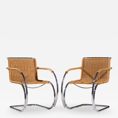 Ludwig Mies Van Der Rohe Mies van der Rohe for Knoll MR Mid Century Rattan and Chrome Chairs Pair
