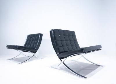 Ludwig Mies Van Der Rohe Pair of Black Leather Barcelona Chairs by Mies Van Der Rohe for Knoll