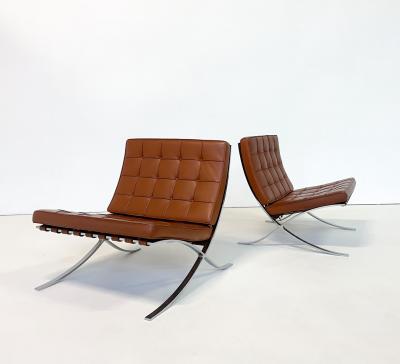 Ludwig Mies Van Der Rohe Pair of Brown Leather Barcelona Chairs by Mies Van Der Rohe for Knoll