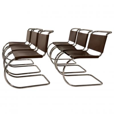 Ludwig Mies Van Der Rohe Set of 6 Mies van der Rohe Leather MR10 Dining Chairs Knoll International 1960