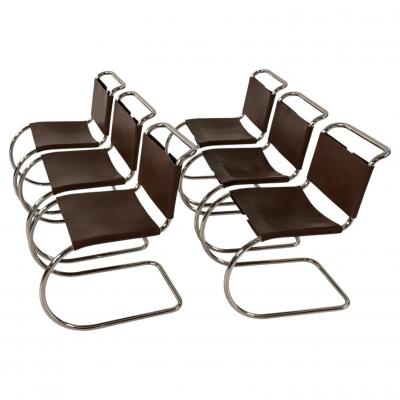 Ludwig Mies Van Der Rohe Set of 6 Mies van der Rohe Leather MR10 Dining Chairs Knoll International 1960