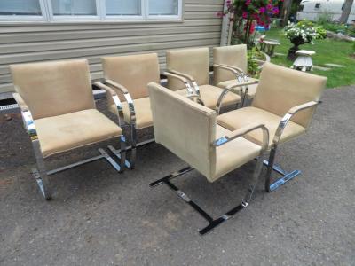 Ludwig Mies Van Der Rohe Set of 6 Mies van der Rohe Stainless Steel Suede Leather Brno Chairs by Knoll