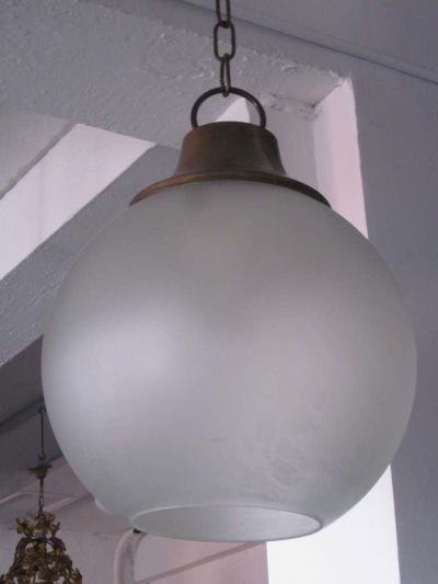 Luigi Caccia Dominioni Italian Midcentury Round Brass Frost Glass Pendant by Luigi Caccia Dominioni