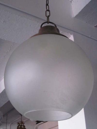 Luigi Caccia Dominioni Italian Midcentury Round Brass Frost Glass Pendant by Luigi Caccia Dominioni