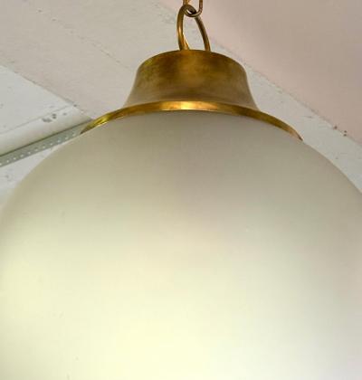 Luigi Caccia Dominioni Pair of Italian Midcentury Brass Satin Glass Ball Pendants by Caccia Dominioni