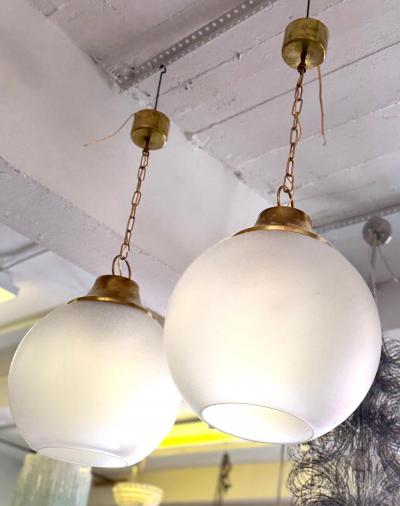 Luigi Caccia Dominioni Pair of Italian Midcentury Brass Satin Glass Ball Pendants by Caccia Dominioni