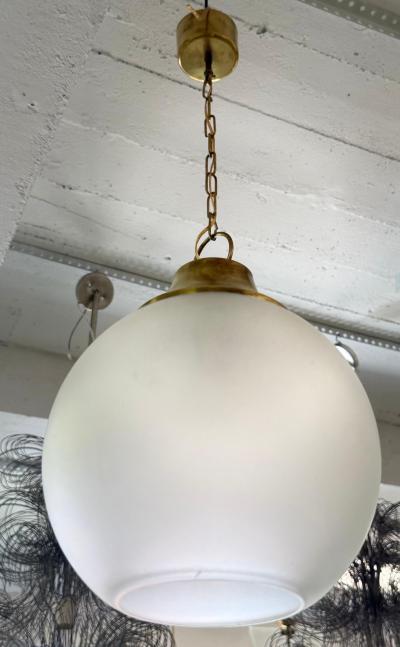 Luigi Caccia Dominioni Pair of Italian Midcentury Brass Satin Glass Ball Pendants by Caccia Dominioni