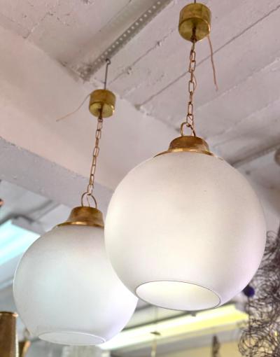Luigi Caccia Dominioni Pair of Italian Midcentury Brass Satin Glass Ball Pendants by Caccia Dominioni