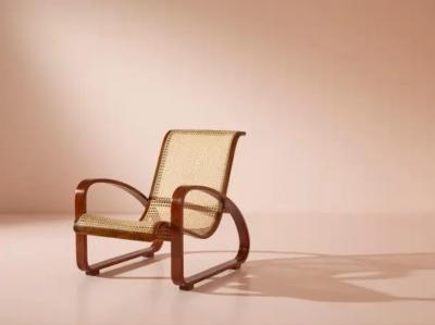 Luigi Crassevig Porino Pair of Curved Beechwood and Cane Armchairs Italy 1930s