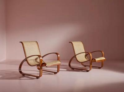 Luigi Crassevig Porino Pair of Curved Beechwood and Cane Armchairs Italy 1930s
