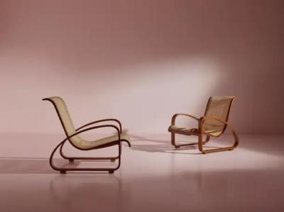 Luigi Crassevig Porino Pair of Curved Beechwood and Cane Armchairs Italy 1930s