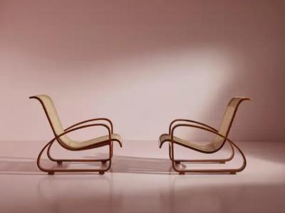 Luigi Crassevig Porino Pair of Curved Beechwood and Cane Armchairs Italy 1930s
