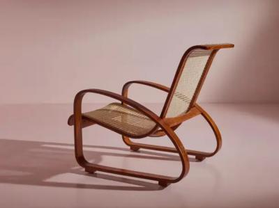 Luigi Crassevig Porino Pair of Curved Beechwood and Cane Armchairs Italy 1930s