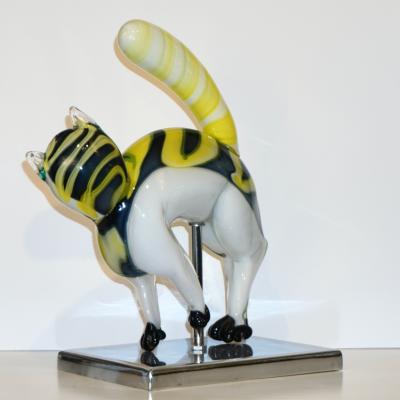 Luigi Moro Luigi Moro Italian Modernist White Yellow Green Murano Art Glass Cat Sculpture