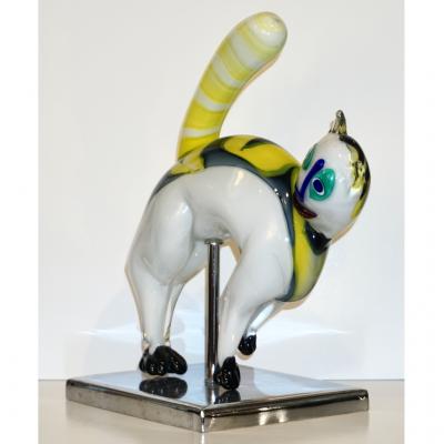 Luigi Moro Luigi Moro Italian Modernist White Yellow Green Murano Art Glass Cat Sculpture