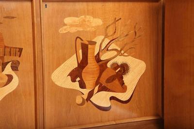 Luigi Scremin Fine Pair of Walnut and Inlaid Wood Two Door Credenza Luigi Scremin