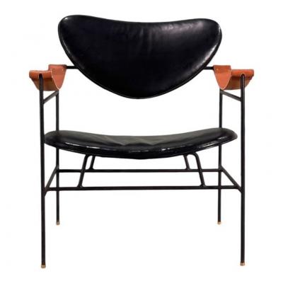Luther Conover Leather Chair w Leather Strap Arms on Iron Frame 1960