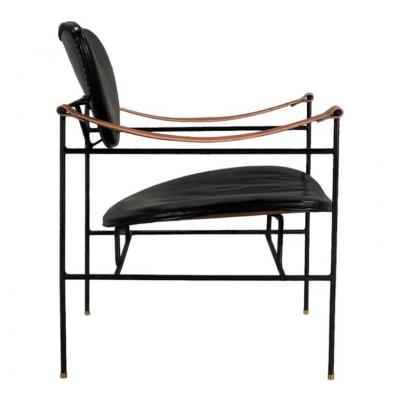 Luther Conover Leather Chair w Leather Strap Arms on Iron Frame 1960