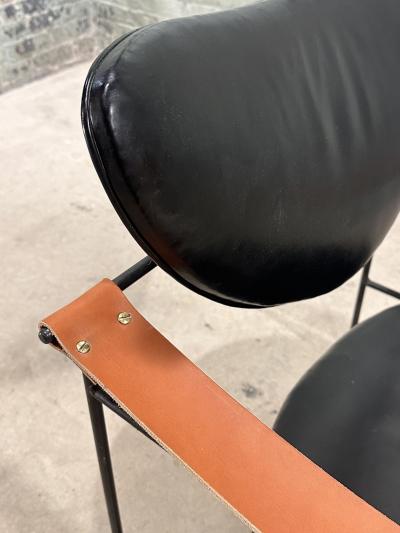 Luther Conover Leather Chair w Leather Strap Arms on Iron Frame 1960
