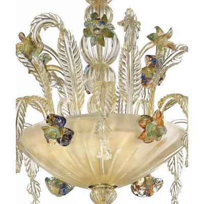 Luxury 21st Century Italian Murano Glass Flower Chandelier Gold Clear