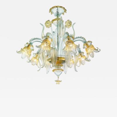 Luxury Clear and Gold Leaf Chandelier With Flowers and Leaves Murano Glass