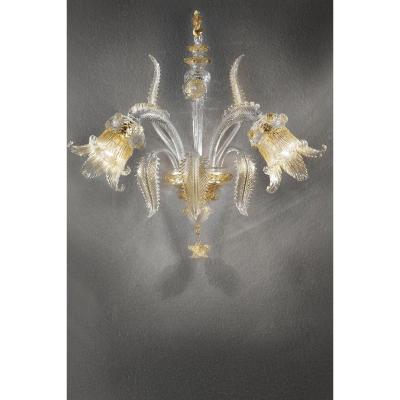 Luxury Clear and Gold Leaf Wall Sconce R With Flowers and Leaves Murano Glass