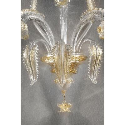 Luxury Clear and Gold Leaf Wall Sconce R With Flowers and Leaves Murano Glass