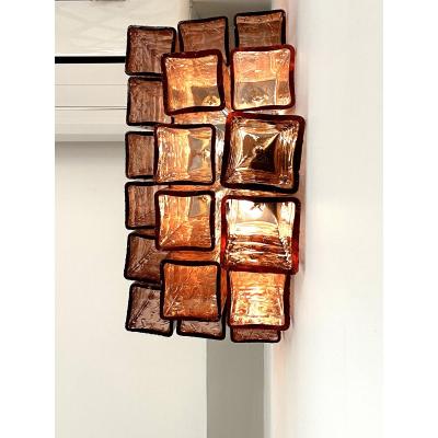Luxury Italian Amber Ros Squared Murano Glass Gold Wall Sconces Set of Two