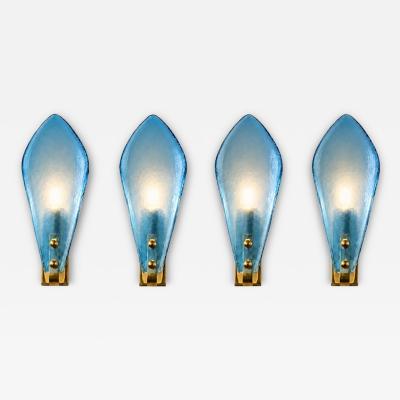Luxury Italian Light Blue Sanded Leaf Murano Glass Wall Sconces 4 Pieces